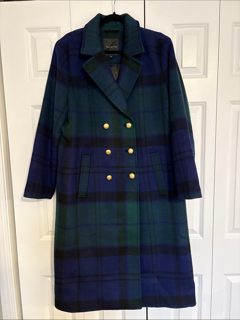 Talbots Blue & Green Plaid Double-Breasted Full Length Pea Coat - Size XL